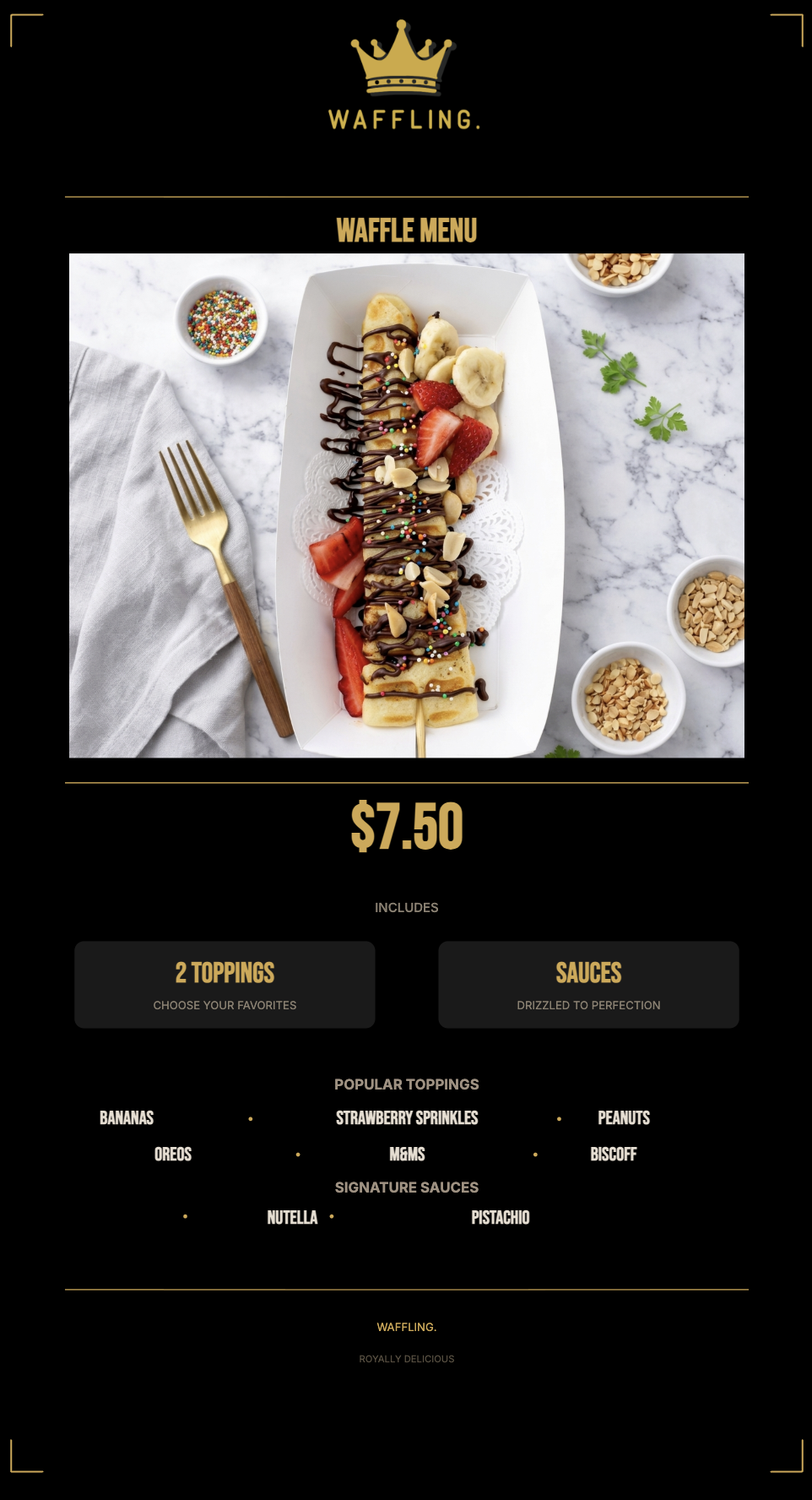 Waffle menu display with toppings